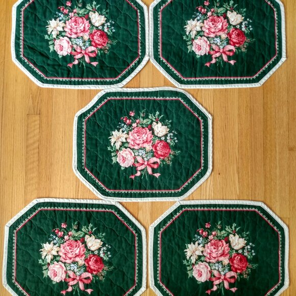 Vintage Quilted Placemats Pink Rose Green Set of 5 Handmade Dining Place Mats - Picture 3 of 16